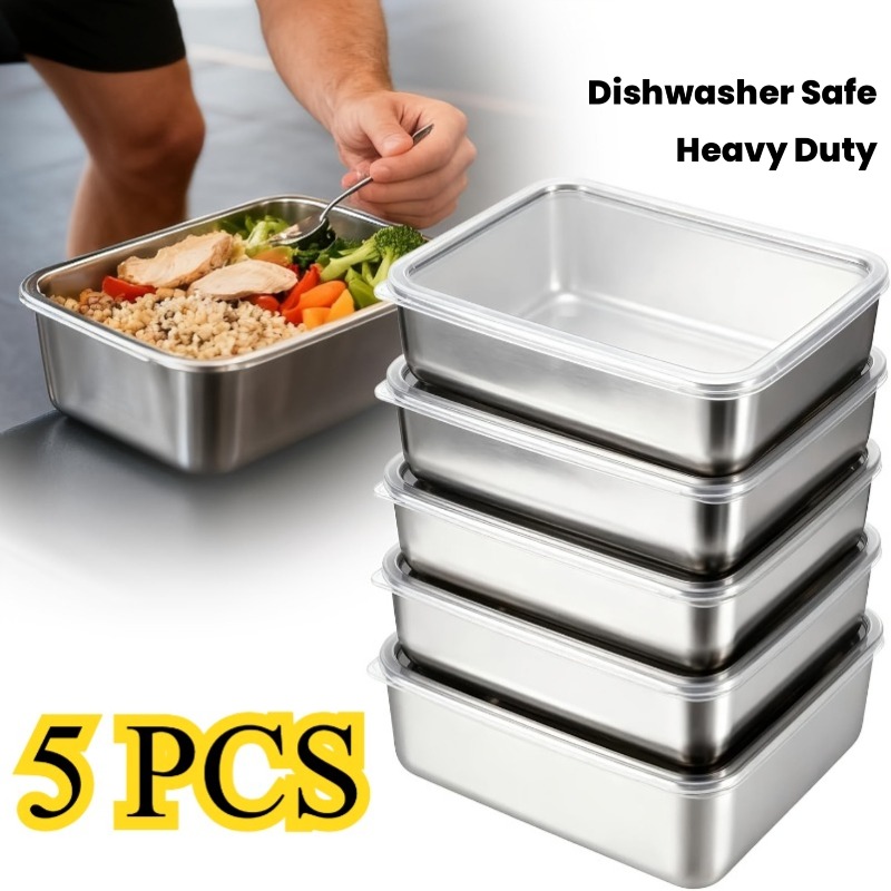 Camping Cooking Organizer - 5個セット ステンレス製食品容器セット 漏れ防止 スタッキング可能 再利用可能 キャンプ