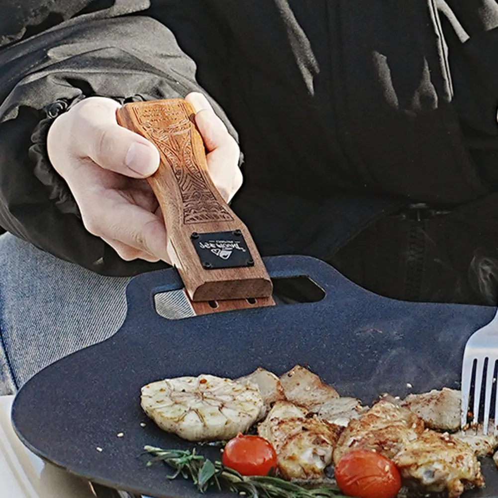 Camping Hiking Cooking - 屋外用天然木製グリルパンハンドル、取り外し可能、耐熱性、火傷防止グリップ、BBQプレートクリップ、ポータブルキャンプ調理ツール