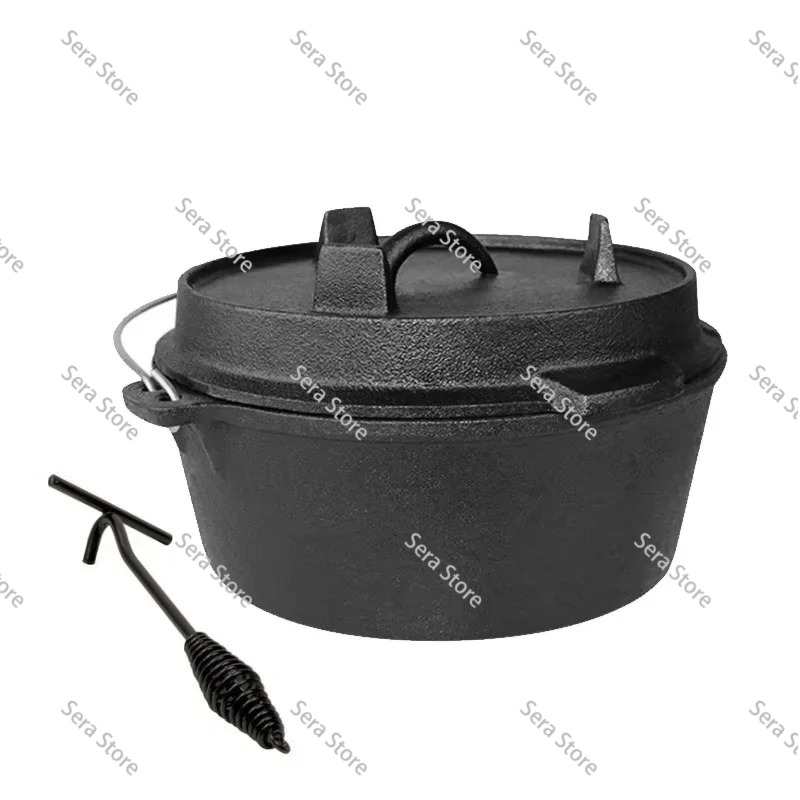 Camp Dutch Oven Cast - 25cm鋳鉄製ダッチオーブンキャンプポット、アウトドア用ポータブル多機能調理器具、シチューポット、バーベキュースープポット、ピクニック、キャンプ、ハイキング用