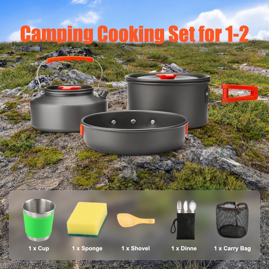 キャンプ用調理器具セット：35オンスの焦げ付き防止加工鍋＋5 - Camping Hiking Cooking のレビューと価格
