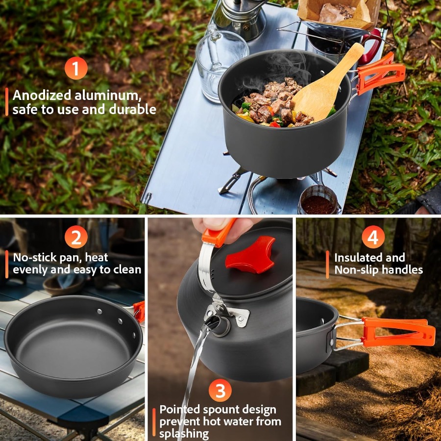 キャンプ用調理器具セット：35オンスの焦げ付き防止加工鍋＋5 - Camping Hiking Cooking のレビューと価格